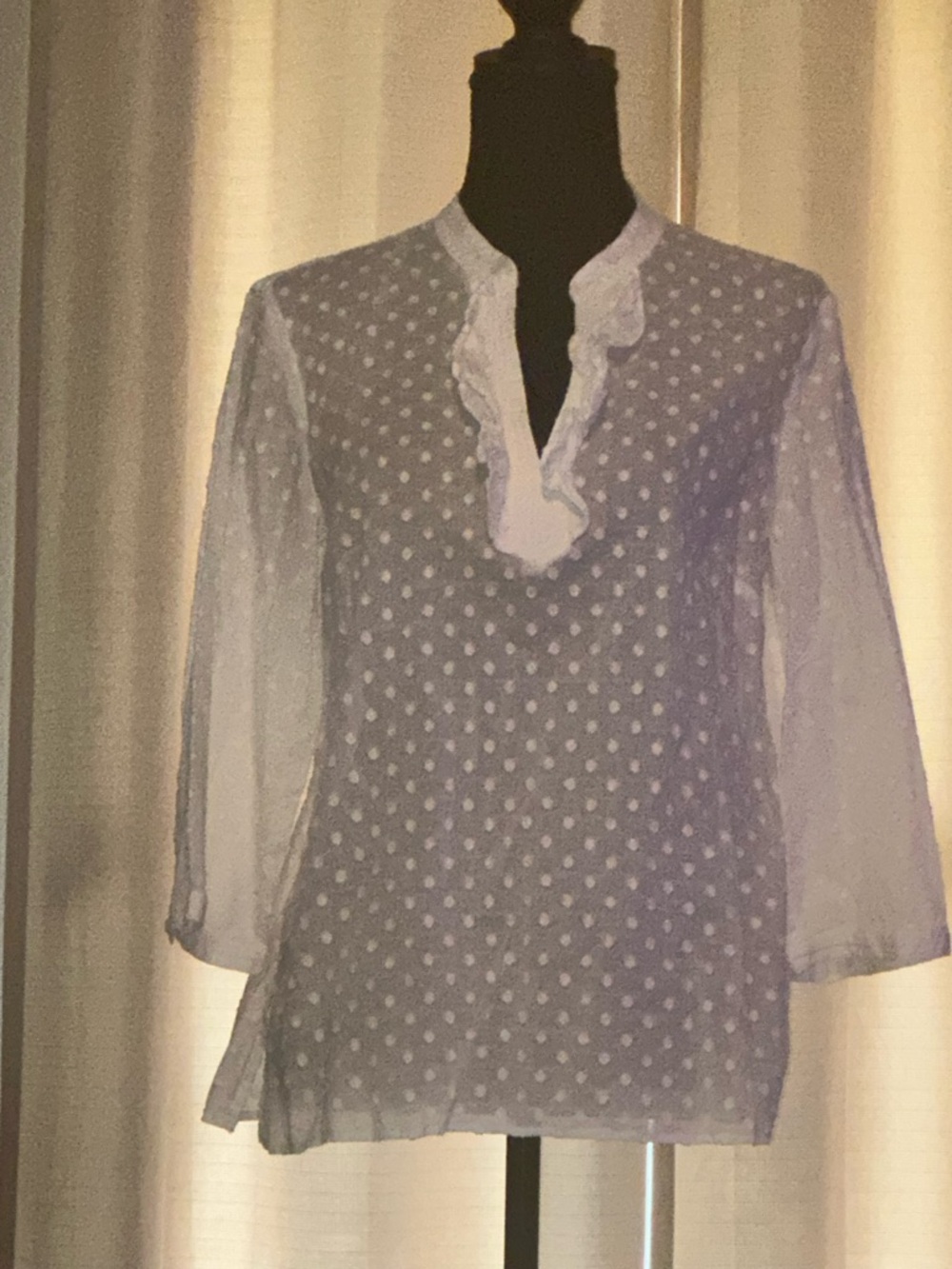 Talbots White Sheer Swiss Dot Ruffle V-Neck Blouse